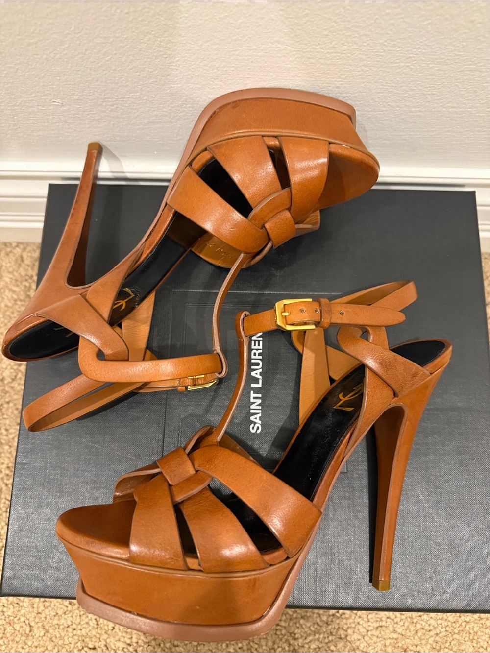 Saint Laurent Tribute 105 Camel Leather Platform Sandals Heels 37.5 Full Set - Picture 4 of 13